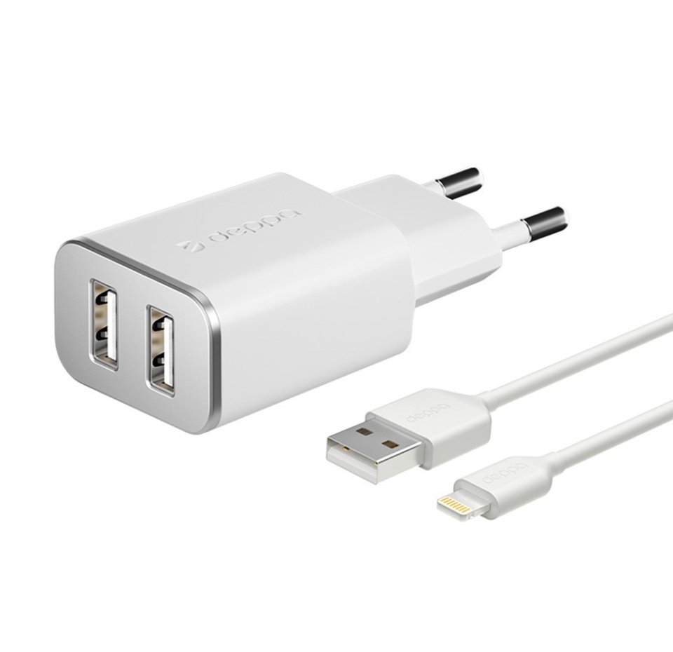

Зарядное устройство Deppa для телефона 2 USB 2.4А кабель Lightning MFI белый Китай