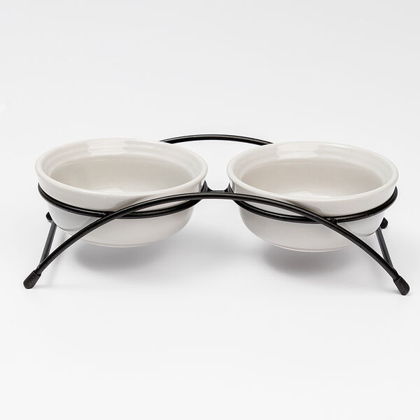 Миска керамическая двойная на подставке для кошек и собак, 12,5х5 см, серая с пером