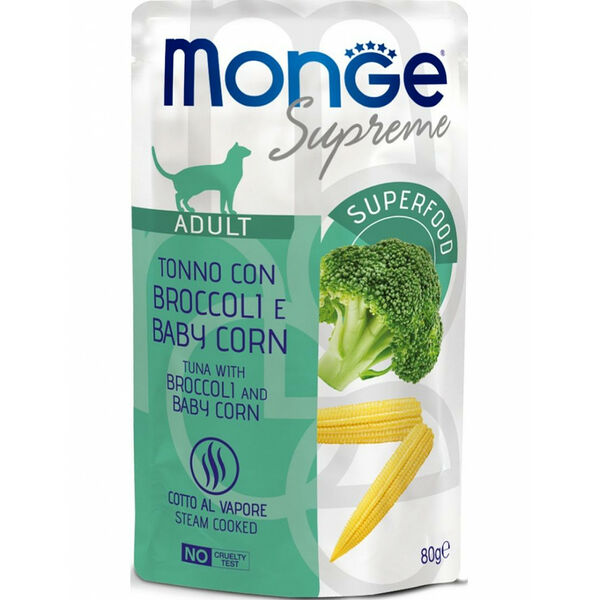 Monge Влажный корм Monge Supreme Adult cat для взрослых кошек тунец с брокколи и мини-кукурузой, 80 г