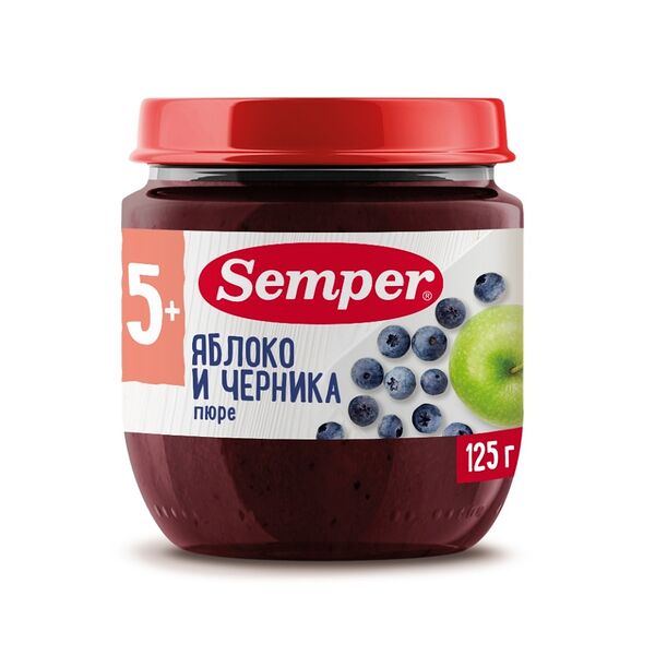 Пюре фруктовое Semper из яблок и черники с 5 месяцев 125г, Испания