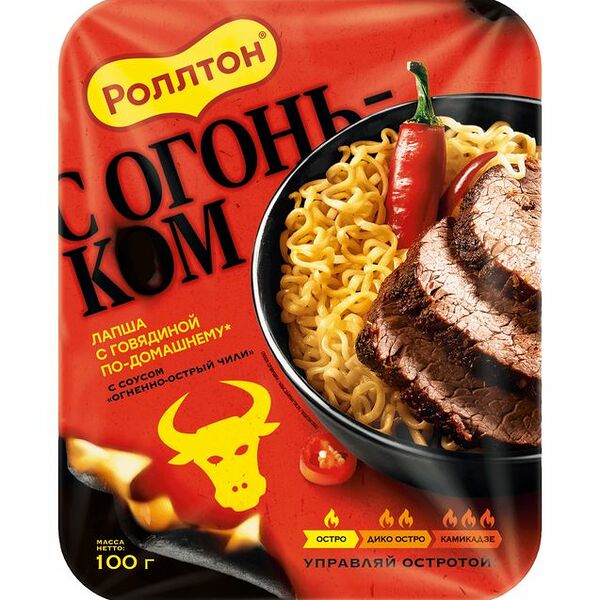 Лапша по-домашнему Роллтон с говядиной и соусом Огненно-острый чили, 100г
