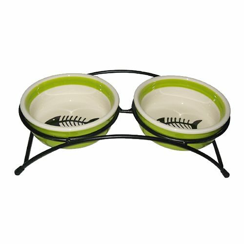 Миска для животных FOXIE Fish двойная зеленая керам. на металл.подставке 12,5х12,5х4,5см 2х300мл