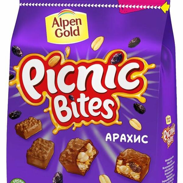 Конфеты Alpen Gold Picnic Bites c арахисом, изюмом, мягкой карамелью 110 г