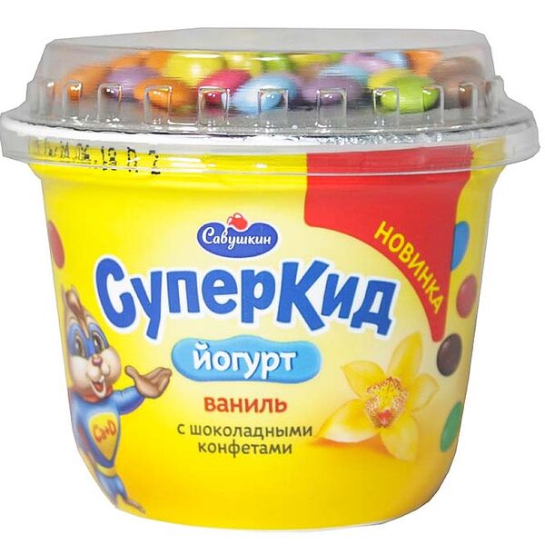 Йогурт СуперКид 2,0% для пит детей с наполн ваниль и конфеты 103г п/ст