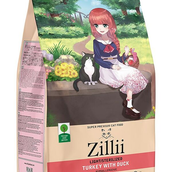 Корм сухой для кошек с избыточным весом и стерилизованных 400 г, гипоаллергенный ZILLII (Зилли) Light/Sterilized Cat, Индейка с Уткой