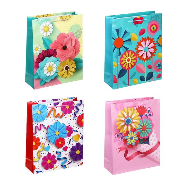 Пакет подарочный бумажный, цветы, 26х32х10см, 4 дизайна