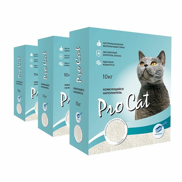 Наполнитель для кошачьего туалета Pro cat Regular комкующийся из экстра белой глины (3 упаковки по 10 кг)