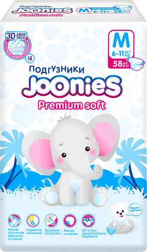 

Подгузники детские Joonies Premium Soft M 6–11 кг 58 шт.