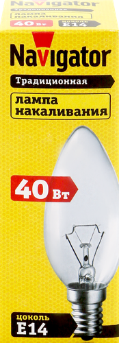 

Лампа накаливания Navigator 40Вт Е14, прозрачная, свеча