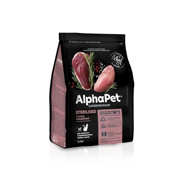 AlphaPet Superpremium сухой корм для для взрослых стерилизованных кошек и котов Утка и индейка