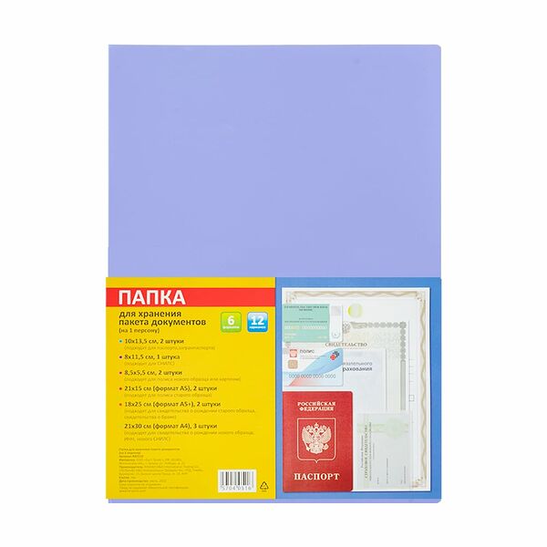 Папка для хранения пакета документов, 6 форматов, 12 карманов, в ассортименте