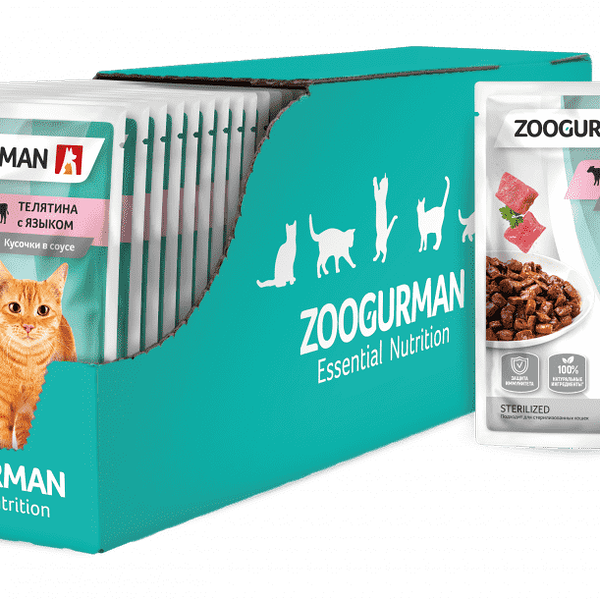 Корм для кошек ЗООГУРМАН Телятина с языком кусочки в соусе пауч 85г (упаковка - 30 шт)