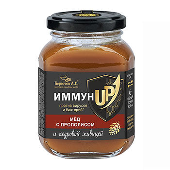 Мёд Берестов А.С. ИммунUP натуральный цветочный полифлорный с прополисом и кедровой живицей 200 г