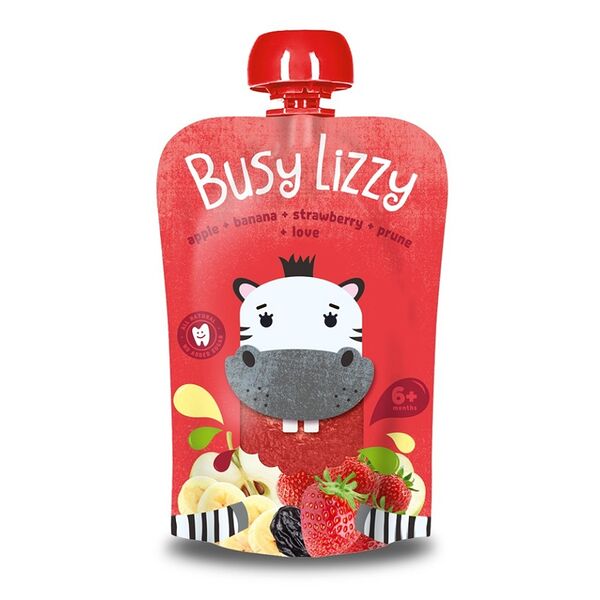 Пюре Busy Lizzy яблоко-банан-клубника-чернослив, с 6 месяцев