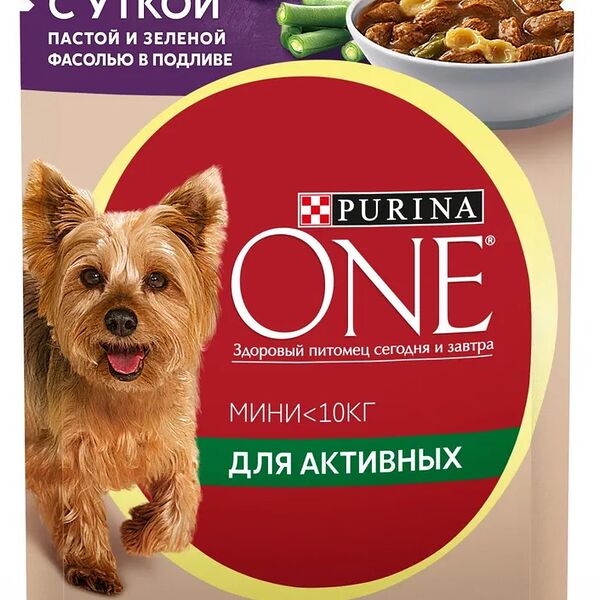 Влажный корм Purina One Mini для собак мелких пород с уткой, пастой и зеленой фасолью в подливе, 85г