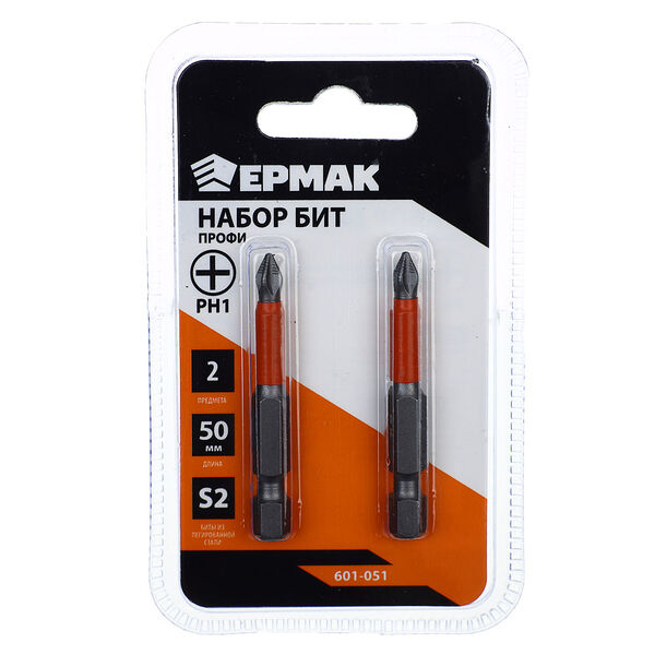 Ермак биты для шуруповерта ph1 длина 50 мм, сталь s2, 2 штуки, профи серия