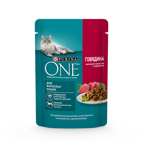 Корм влажный Purina ONE для взрослых кошек говядина с морковью