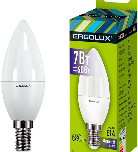 Лампа Ergolux светодиодная LED C35 7W E14 6K