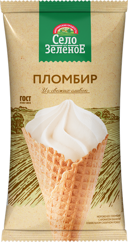 

Мороженое Село Зелёное Пломбир с ароматом ванили 15% без змж вафельный рожок 110 г
