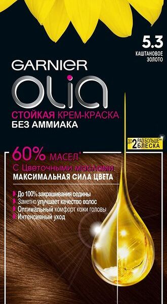 Стойкая крем-краска для волос Olia с цветочными маслами, без аммиака, оттенок 5.3 Каштановое золото