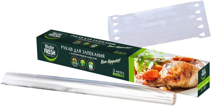 

Рукав для запекания Master Fresh жаропрочные клипсы, 30 см x 3 м