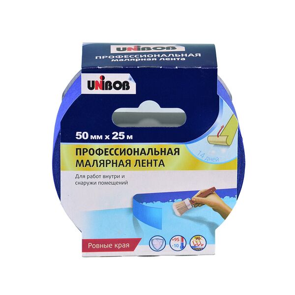 Лента малярная профессиональная UNIBOB для наружных работ, 50ммх25м, синяя, 120мкм
