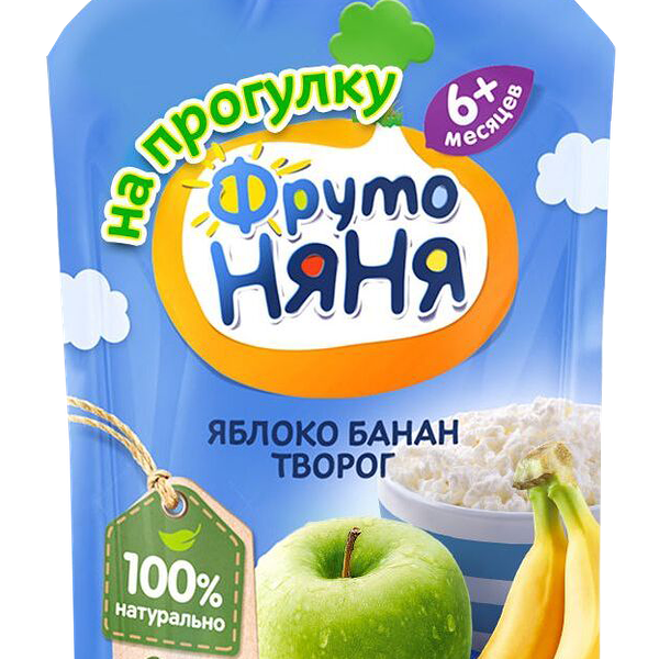 Пюре ФрутоНяня из яблок и бананов с творогом с 6 месяцев, 90г