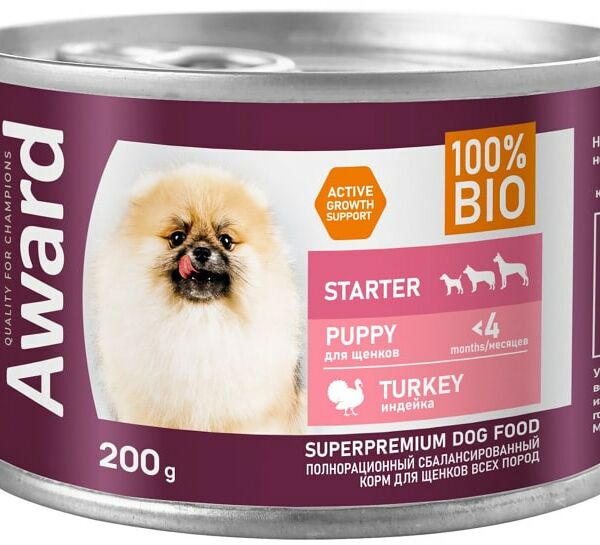 Влажный корм для щенков Award с начала прикорма до 4 месяцев и для беременных Паштет из индейки 200г