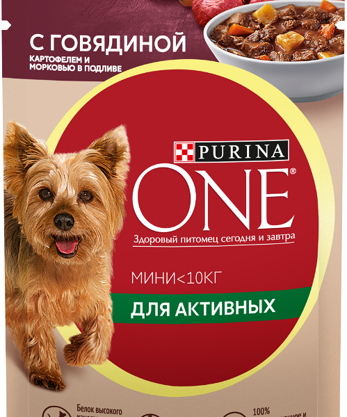 Пауч для активных взрослых собак мелких и карликовых пород Purina One Мини Говядина