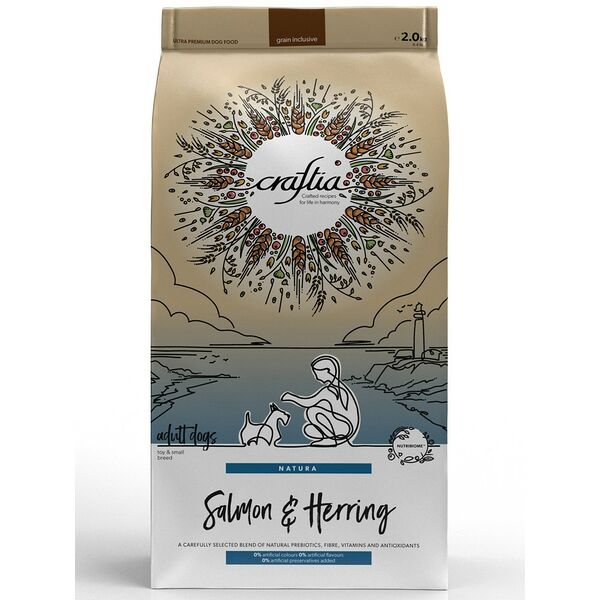 Корм для собак CRAFTIA Natura для миниатюрных и мелких пород, лосось с сельдью сухой, 2кг