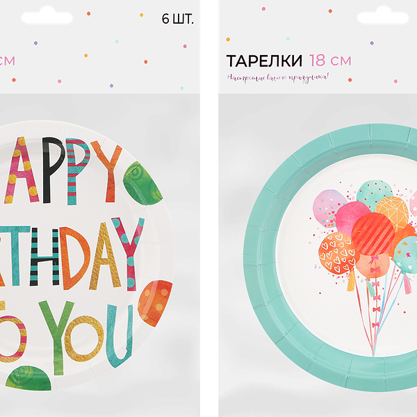 Тарелки одноразовые Happy Birthday d=18см бумажные Арт. ТРЛ18, 6шт., в ассортименте