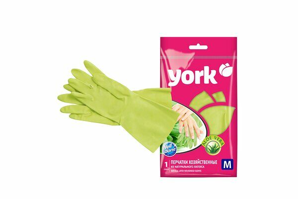 Перчатки резиновые York плотные с экстрактом Алоэ размер M