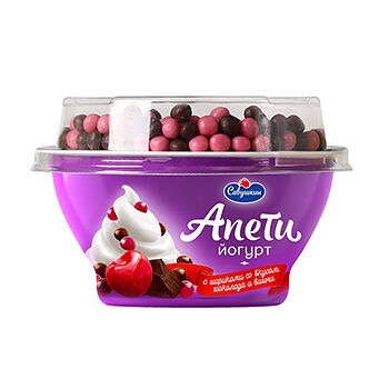 Йогурт густой Апети пломбир и злаковые шарики покрытые темным и белым шоколадом со вкусом вишни 5%, 105г