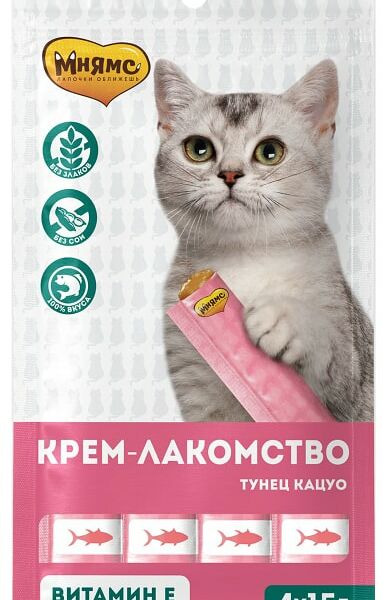 Крем-лакомство для кошек Мнямс с тунцом Кацуо 15г*4шт