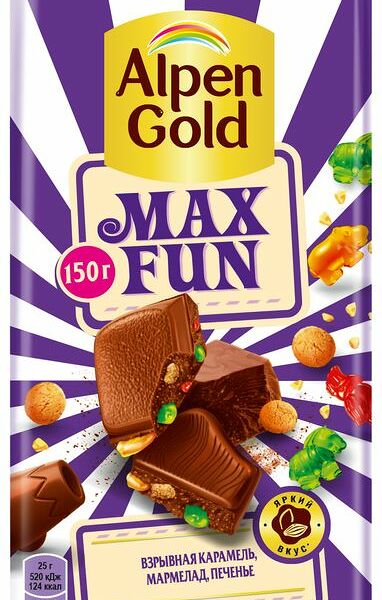 Шоколад Alpen Gold Max Fun с карамелью мармеладом и печеньем