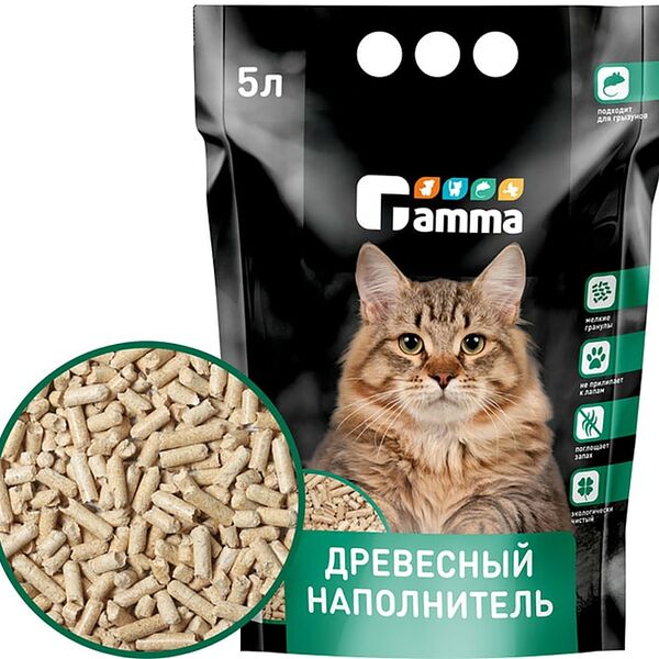 Наполнитель для кошачьих туалетов Gamma древесный впитывающий мелкие гранулы 5л
