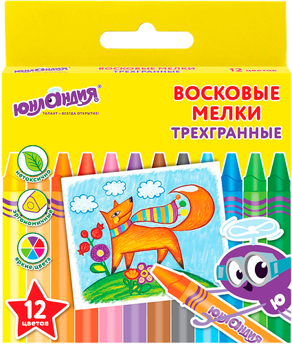 Мелки восковые ЮНЛАНДИЯ Юнландик и мудрый лис, трехгранные, 12 цветов, Арт. 227289