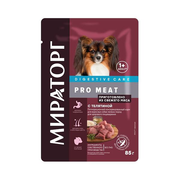 Корм для собак МИРАТОРГ Pro Meat для мелких пород для здорового пищеварения, телятина пауч