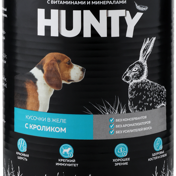 Корм консервированный для собак HUNTY сочные кусочки в желе с кроликом, 850г