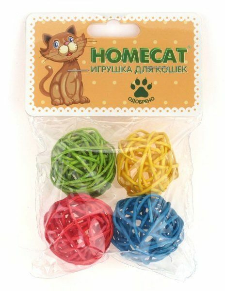 HOMECAT Игрушка для кошек Мячи из ротанга с колокольчиком Ф 4,5см 4шт.