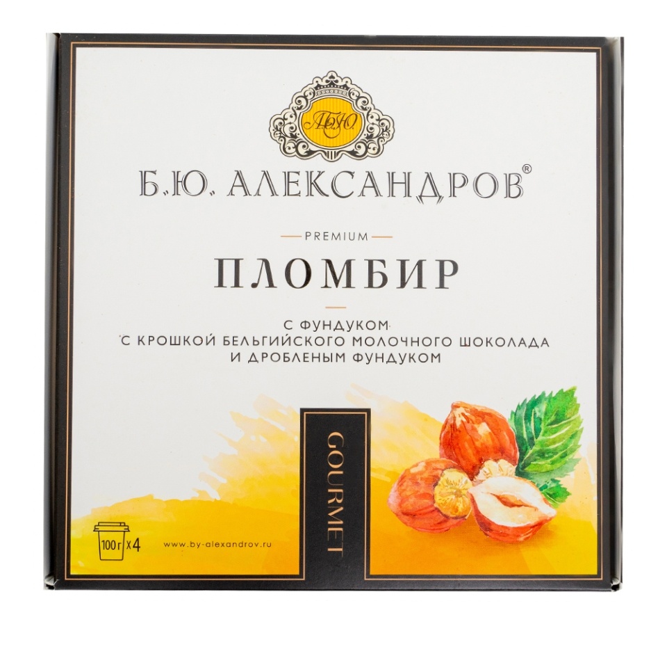 

Пломбир Б.Ю. Александров с фундуком крошкой бельгийского молочного шоколада и дроблёным фундуком 15% 4 шт. х 100 г