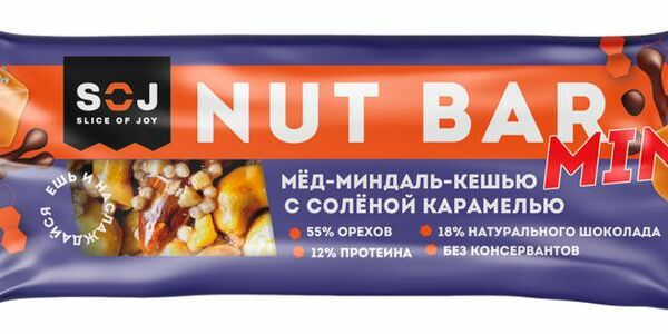 Батончик Soj Nut Bar Мед-Миндаль-Кешью ореховый с ирисо-сливочным вкусом с соленой карамелью, 30г
