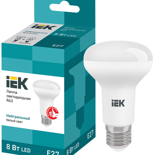 Лампа IEK LED R63, 8Вт, 230В, 4000К, E27, рефлектор