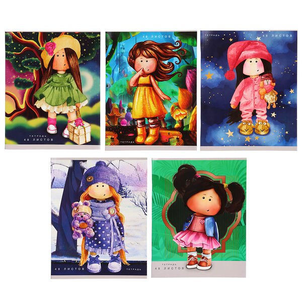 Тетрадь общая 48л. в клетку, офсет, обл. импортный картон, скрепка, “девочки”, уф лак, в ассортименте