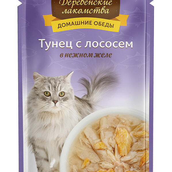 Деревенские лакомства пауч для кошек (кусочки в нежном желе) Лосось и тунец