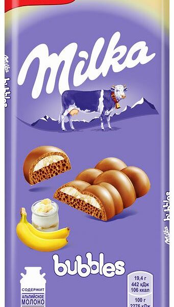Шоколад молочный пористый Milka Bubbles с бананово-йогуртовой начинкой