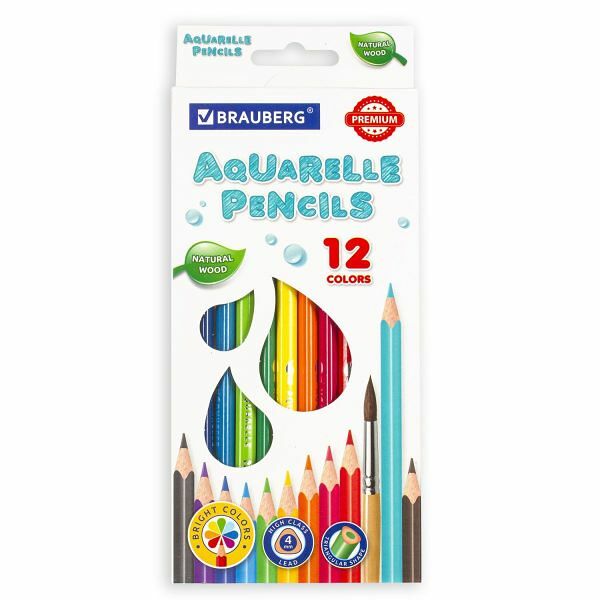 Карандаши цветные акварельные Brauberg Premium Aquarelle 12цв грифель мягкий 4мм 181671