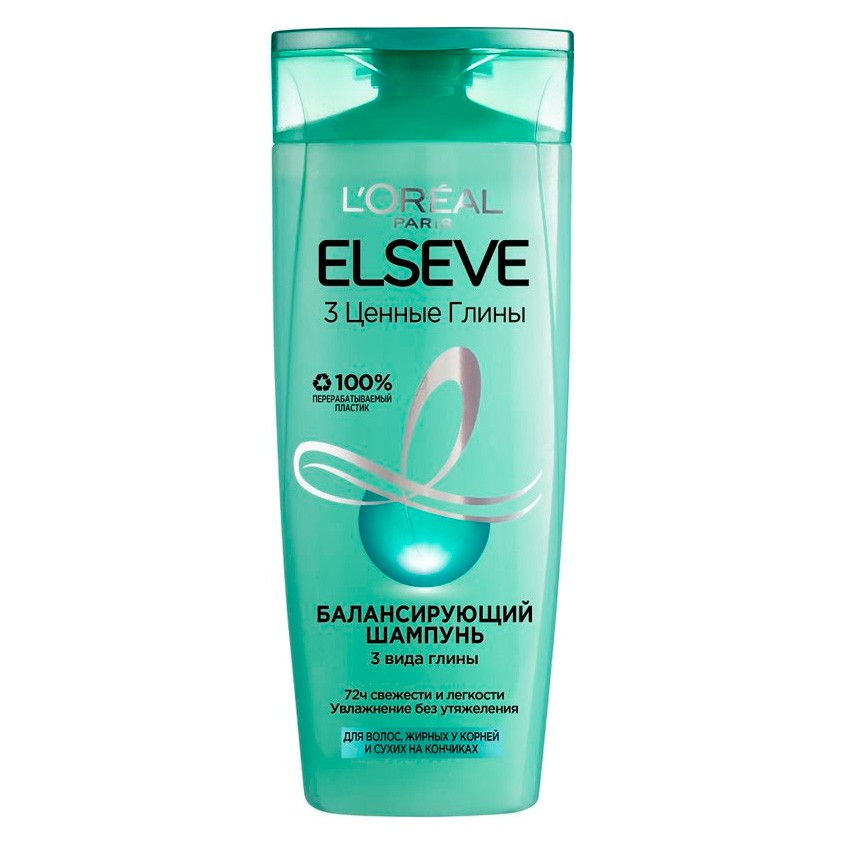 

L'Oréal Paris Elseve Балансирующий шампунь "Эльсев, 3 Ценные Глины", для волос, жирных у корней и сухих на кончиках, 400 мл