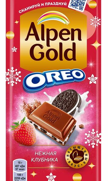Шоколад Alpen Gold Oreo Нежная Клубника с клубничной начинкой и кусочками печенья 90г