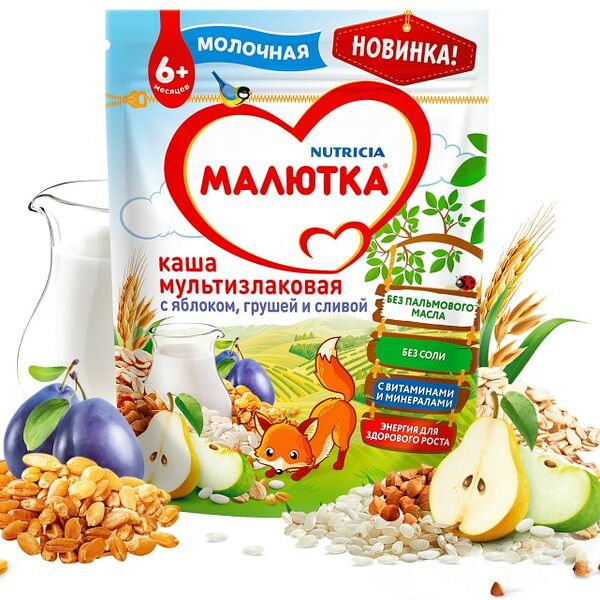 Каша Малютка Молочная мультизлаковая   с яблоком грушей и сливой 220г